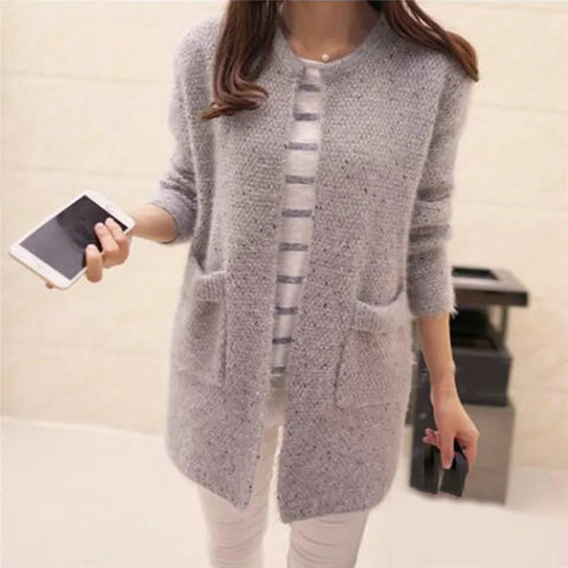 Winter Warm Fashion Women Solid Color Pockets Knitted Sweater Tunic Cardigan New Crochet Ladies Sweaters Tricotado Cardigan