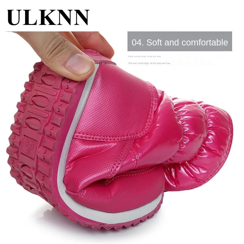 ULKNN Kids Shoes Winter Boots For Boy Waterproof Pu Upper Baby Girls Child Plus Velvet Thickened Footwear Non-Slip Warm