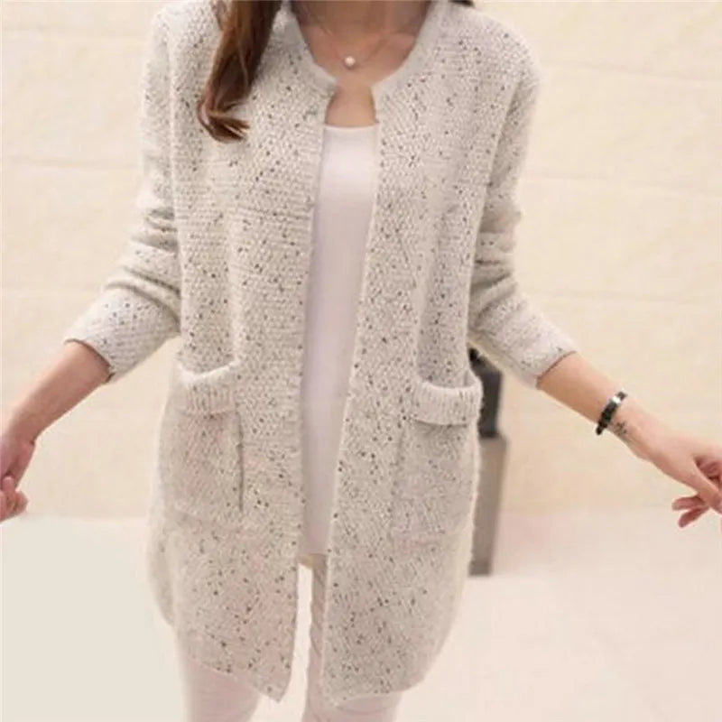 Winter Warm Fashion Women Solid Color Pockets Knitted Sweater Tunic Cardigan New Crochet Ladies Sweaters Tricotado Cardigan