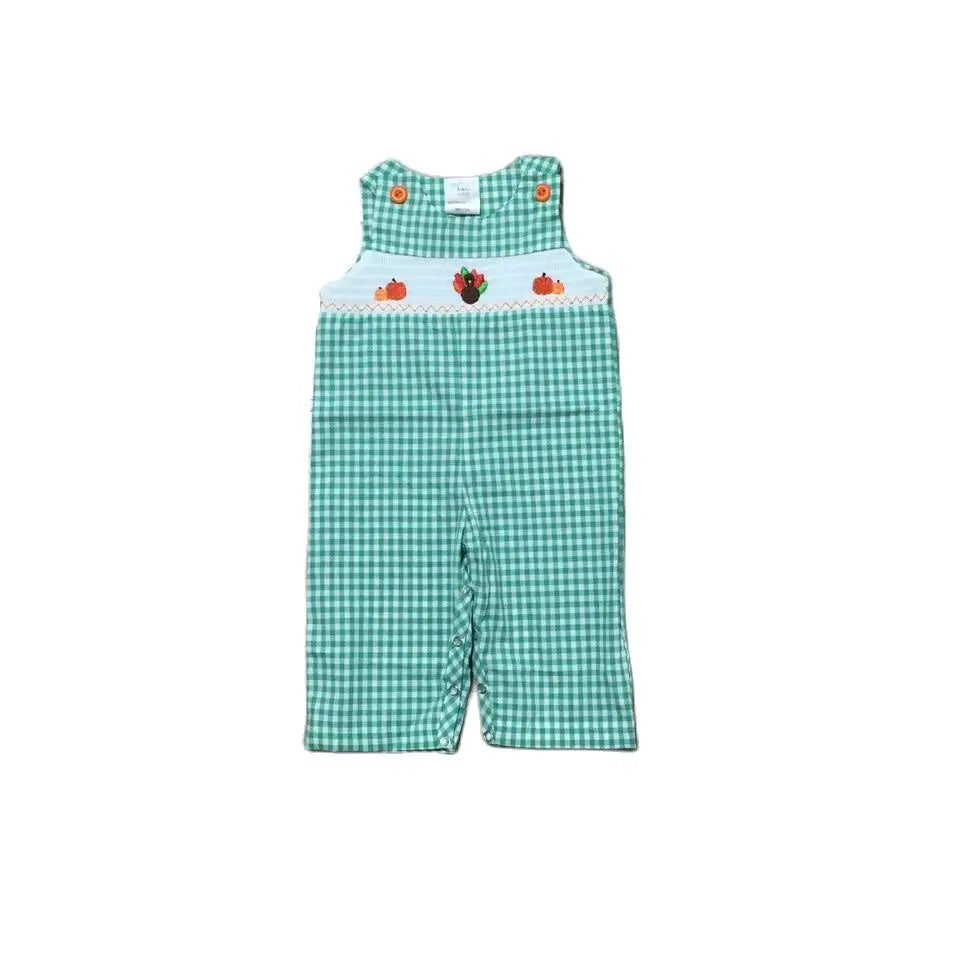 Girlymax Thanksgiving Baby Girls Boys Turkey Pumpkin Mint Plaid Romper Toddler Pants Set Dress Woven Smocked Kids Clothing