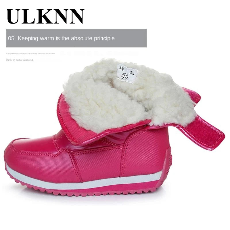 ULKNN Kids Shoes Winter Boots For Boy Waterproof Pu Upper Baby Girls Child Plus Velvet Thickened Footwear Non-Slip Warm