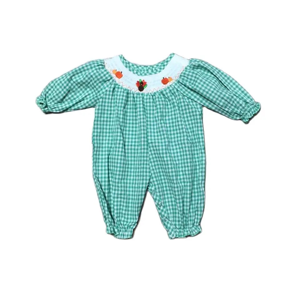 Girlymax Thanksgiving Baby Girls Boys Turkey Pumpkin Mint Plaid Romper Toddler Pants Set Dress Woven Smocked Kids Clothing