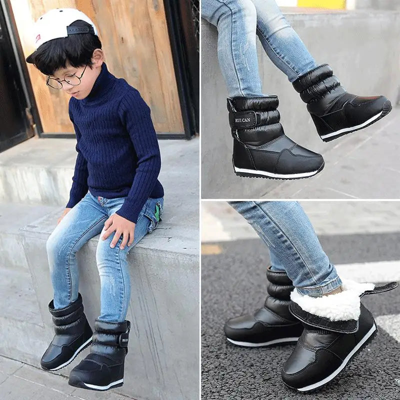 ULKNN Kids Shoes Winter Boots For Boy Waterproof Pu Upper Baby Girls Child Plus Velvet Thickened Footwear Non-Slip Warm