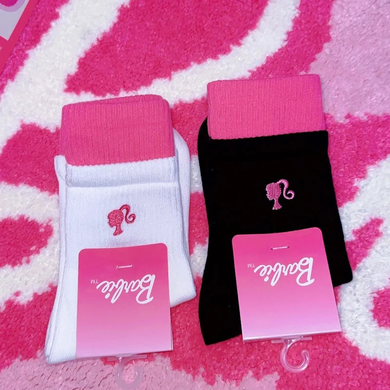 New Girls' Series Pink Barbie Embroidery Black and White Cute Mid Tube Socks Women's Versatile Barbie Socks