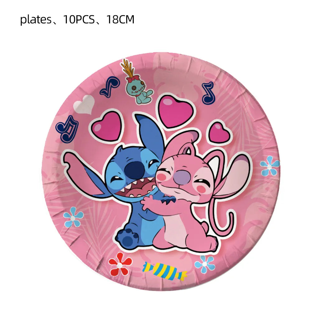 20People Lilo Stitch Birthday Decorations Disposable Tableware Set Paper Plates Banner Tablecloth Balloon Kids Party Supplies