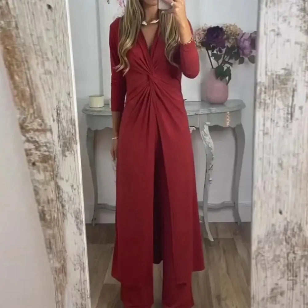 2Pcs/Set Female Suit Stylish Women's V-Neck Twisting Trousers Set Comfortable Fashionable Suit Lady Supply