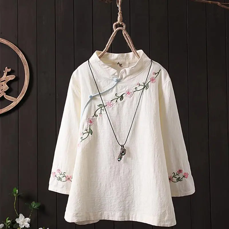 Embroidery Elegant Blouse Women 100% Cotton Shirt Tops Ladies Clothes Vntage Loose Casual