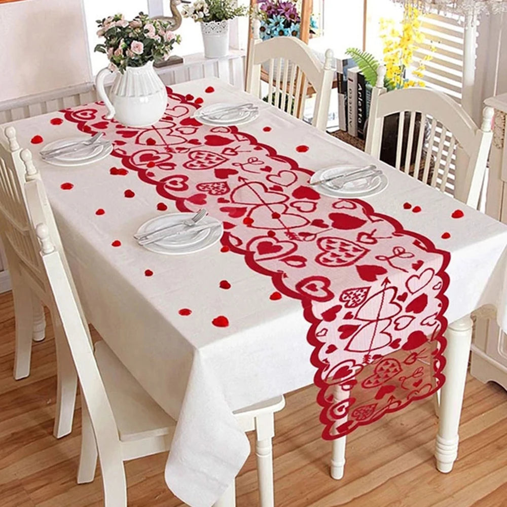 Valentine's Day Table Runner Placemats Love Heart Hollow Lace Table Runner for Wedding Valentines Party Decorations Supplies