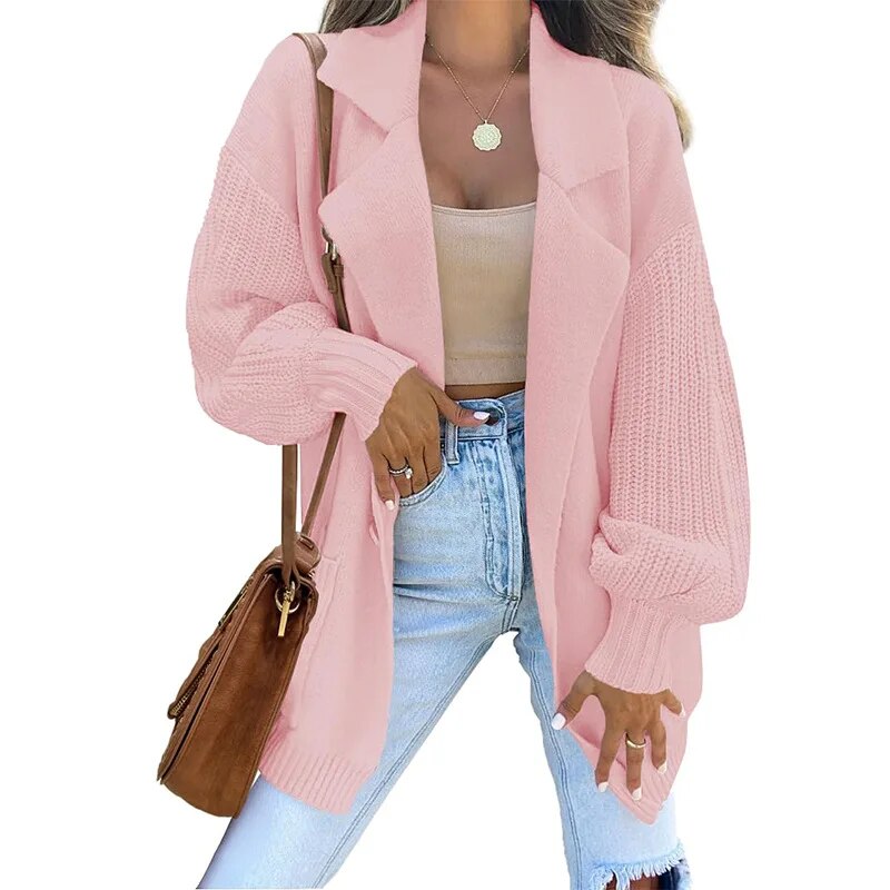 Women's Long Sleeve Open Front Knit Cardigan Sweaters 2023 White Khaki Pink Blue Black Lapel Oversized Slouchy Coat with Pockets