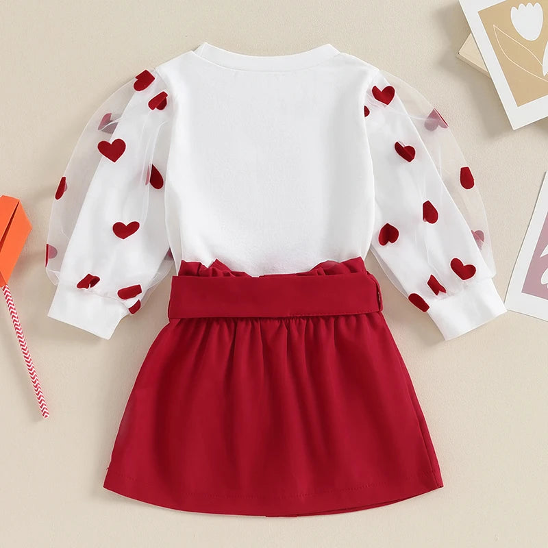 Toddler Baby Girl Valentines Day Outfit Infant Little Kids Long Sleeve Love Heart Shirt Skirt Clothes Set With Belt