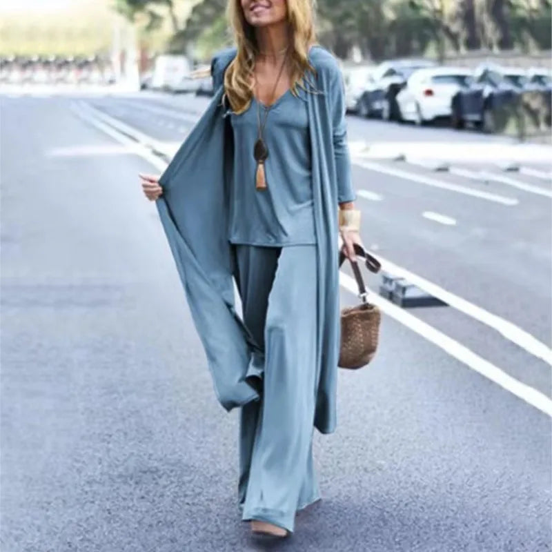 Sexy V Neck T-shirt Pants Jacket Set Office Lady Spring Autumn Solid Blouse Trousers Coat Three Piece Set Women Outfit 2023