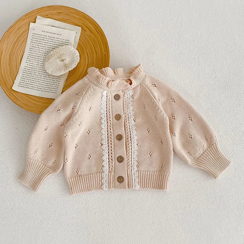 Autumn Baby Sweater Infant Girl Fungus Collar Lace Coat Cardigan Knitted Sweater Toddler Long Sleeve Tops Jacket Kids Clothing