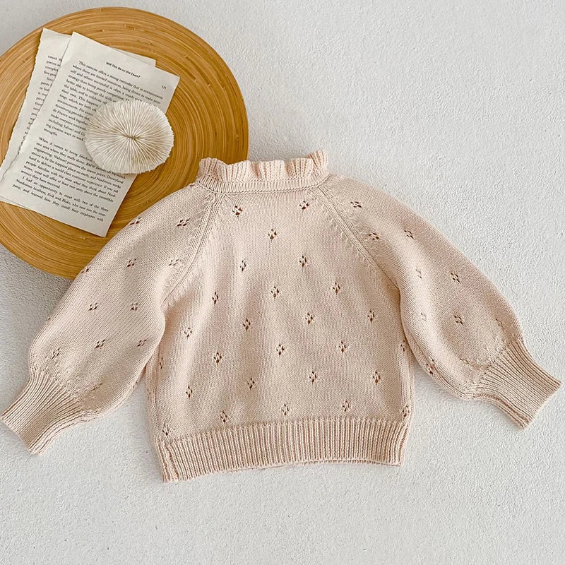 Autumn Baby Sweater Infant Girl Fungus Collar Lace Coat Cardigan Knitted Sweater Toddler Long Sleeve Tops Jacket Kids Clothing