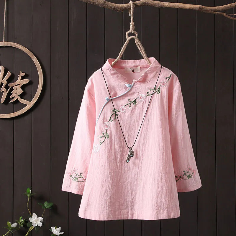 Embroidery Elegant Blouse Women 100% Cotton Shirt Tops Ladies Clothes Vntage Loose Casual