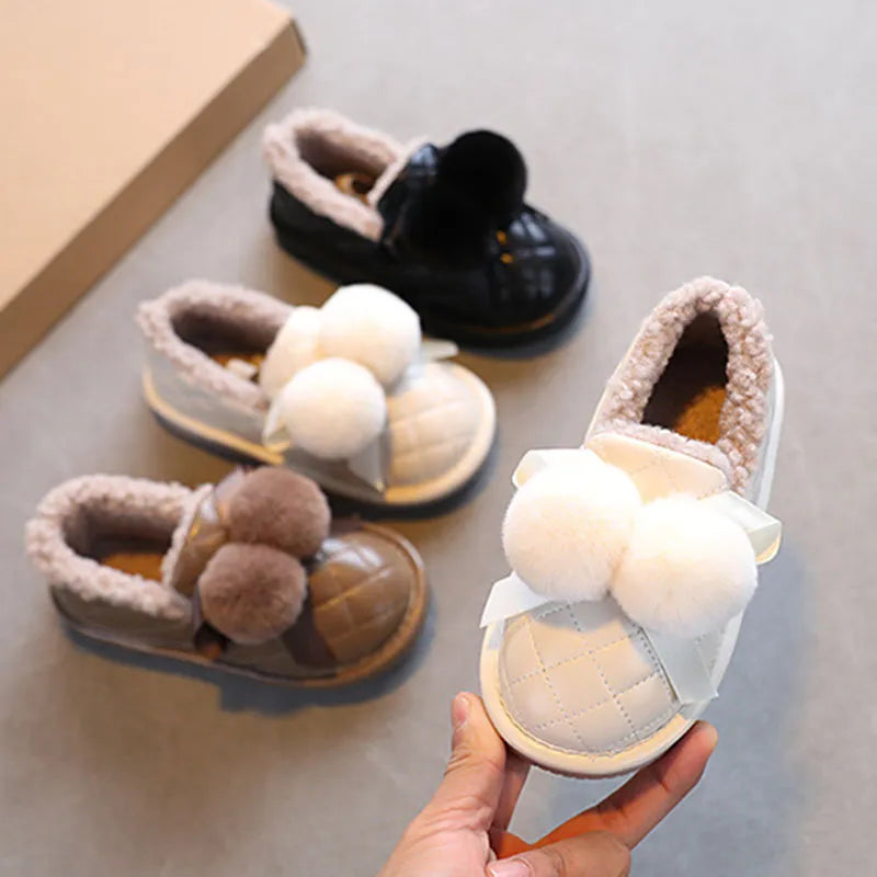 Winter Children Cotton Shoes Cute Hairball Bow Loafers Plush Warm Leather Snow Boots Flats Non-slip Casual Kids Shoes for Girls