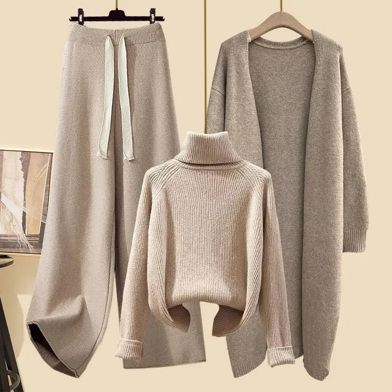 Autumn Winter 3 Pieces Set Women Outfits Knitwear Ladies Elegant Turtleneck Sweater Long Cardigan Jacket Wide Leg Pant Suit 2023