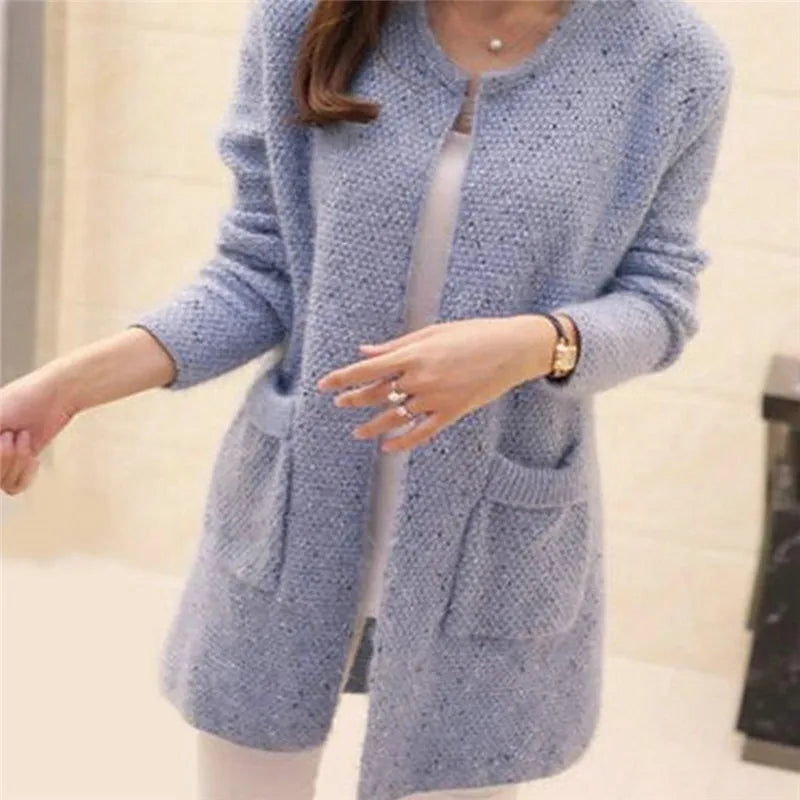 2022 Women Mid-length Cardigan Pockets Fashion Solid Knitted Sweater Tunic Crochet Jacket Ladies Sweaters Outwear Coat Cardigan