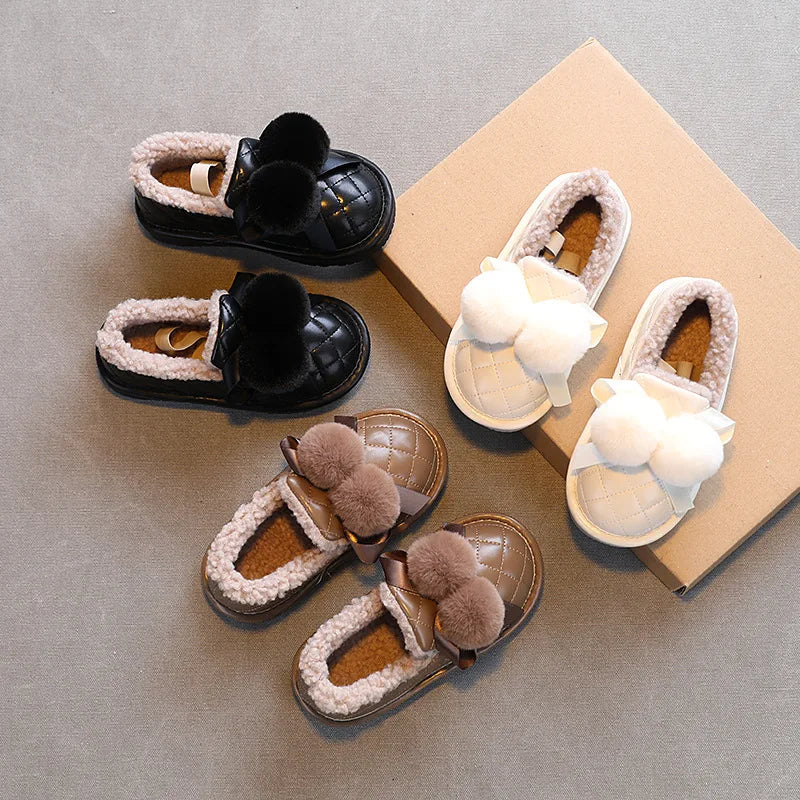 Winter Children Cotton Shoes Cute Hairball Bow Loafers Plush Warm Leather Snow Boots Flats Non-slip Casual Kids Shoes for Girls