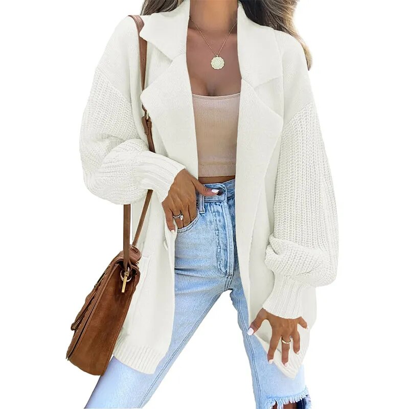 Women's Long Sleeve Open Front Knit Cardigan Sweaters 2023 White Khaki Pink Blue Black Lapel Oversized Slouchy Coat with Pockets