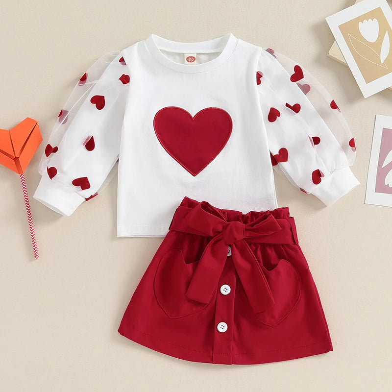 Toddler Baby Girl Valentines Day Outfit Infant Little Kids Long Sleeve Love Heart Shirt Skirt Clothes Set With Belt