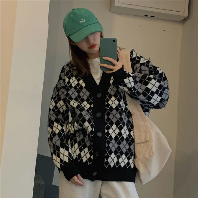 Ladies Cardigans Long Sleeve Knitted Argyle Sweater Women Korean Pink Vest Sweaters Female Jumpers Cardigan Jacket with Buttons