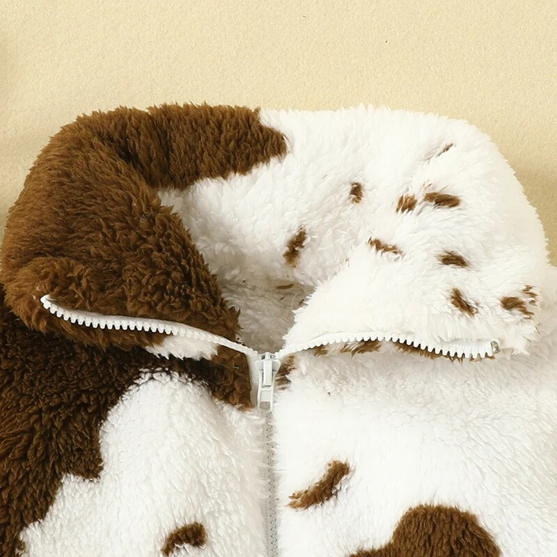 2022-11-23 Lioraitiin 0-3Years Toddler Girls Winter Warm Fleece Coat Long Sleeve Lapel Cow Print Zipper Outerwear