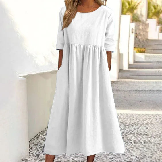 2023 Summer Cotton Women's Dress Oversize Grey O-neck Short Sleeves Dresses Female Elegant Casual Fashion Loose Ladies Clothes