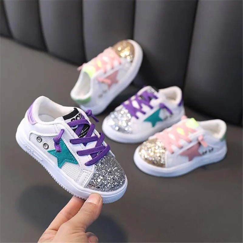 Fashion Sequins Children's Shoes Leather Girls Sneakers Spring 2022 New Casual Kids Shoes for Toddler Boys Sneakers Soft Sole