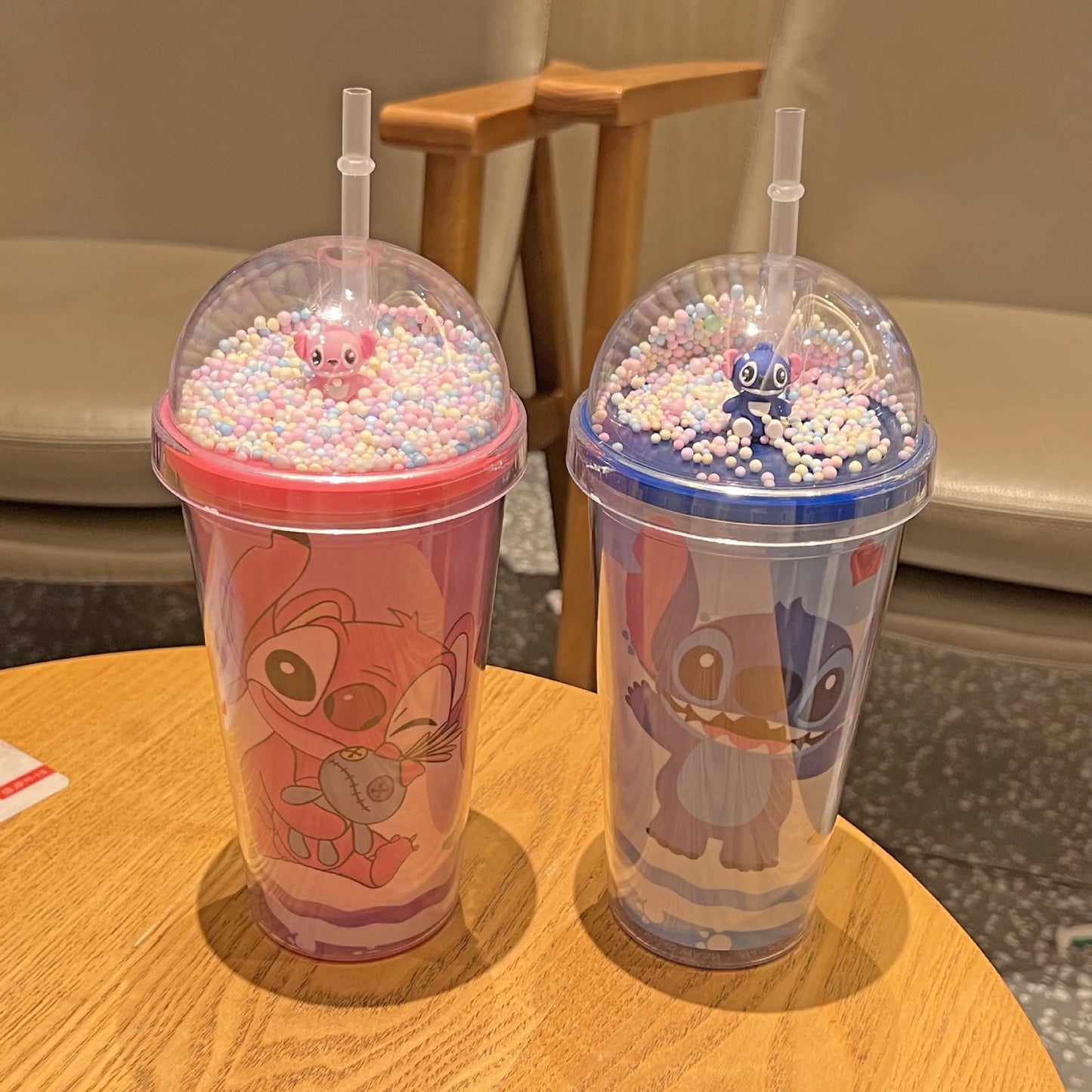 450ML Disney Stitch Straw Cups Anime Cartoon Stich Double-layer Plastic Water Cup Children Portable Waters Bottle for Kids Gifts