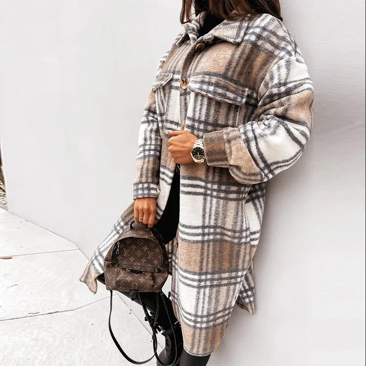 2023 Single Breasted Trench Coat Fashion Long Autumn Winter Women's Clothing Long Sleeve Woolen Plaid Overcoat Coat