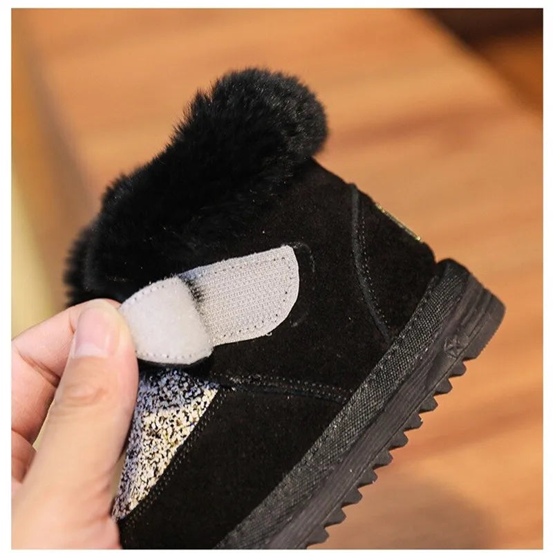 Baby Winter Girl Boots Warm Plush Shiny Sequins Toddler Boots Fashion Non-Slip Outdoor Soft Bottom Infant Snow Boots Kids Shoes