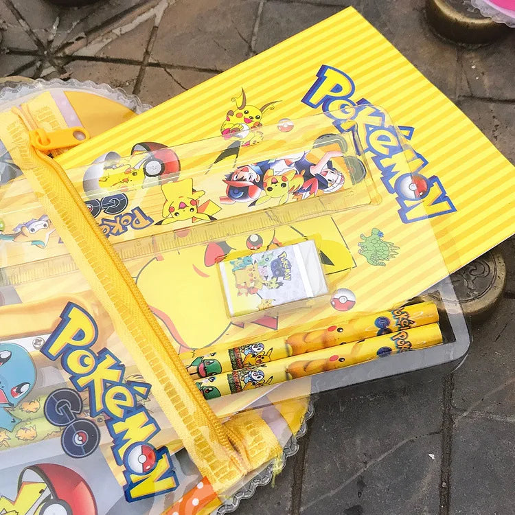 5pcs/Set Pikachu Pokemon Anime Portable Stationary Set Cartoon Pencil Ruler Eraser Pencil Sharpener Notebook Student Toys Gift