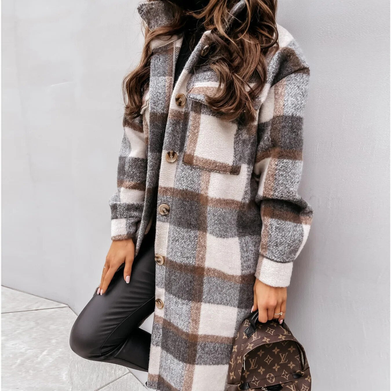 2023 Single Breasted Trench Coat Fashion Long Autumn Winter Women's Clothing Long Sleeve Woolen Plaid Overcoat Coat