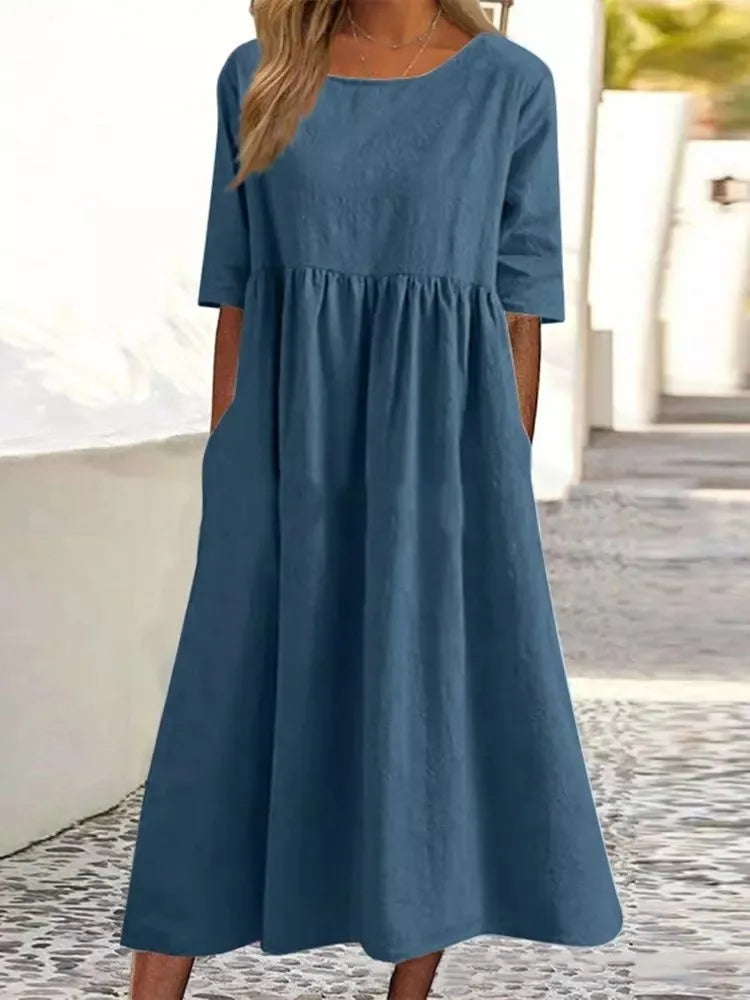 2023 Summer Cotton Women's Dress Oversize Grey O-neck Short Sleeves Dresses Female Elegant Casual Fashion Loose Ladies Clothes