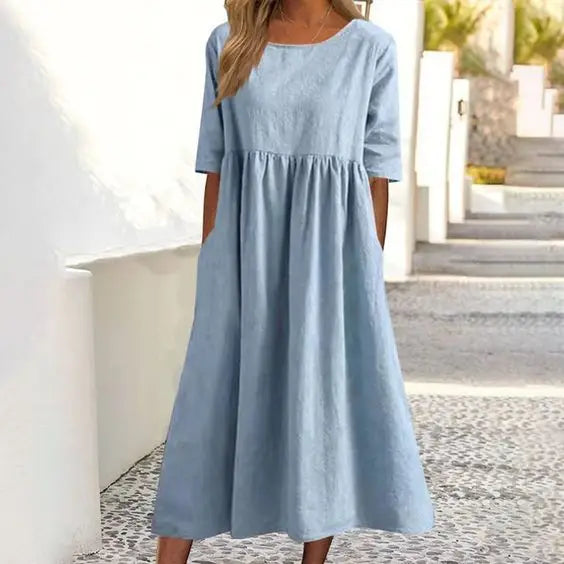 2023 Summer Cotton Women's Dress Oversize Grey O-neck Short Sleeves Dresses Female Elegant Casual Fashion Loose Ladies Clothes