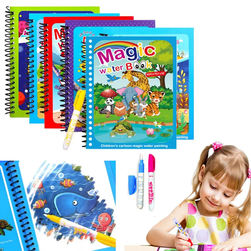 Children Magical Book with Pen Water Drawing Montessori Toys Reusable Coloring Book Magic Water Drawing Book Early Education Toy