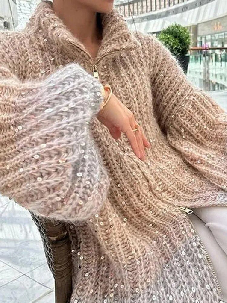 Elegant Sequin Sweater Women Fashion Lurex Long Sleeve Loose Female Zipper Knit Cardigan 2023 Autumn Streetwear Lady Coat