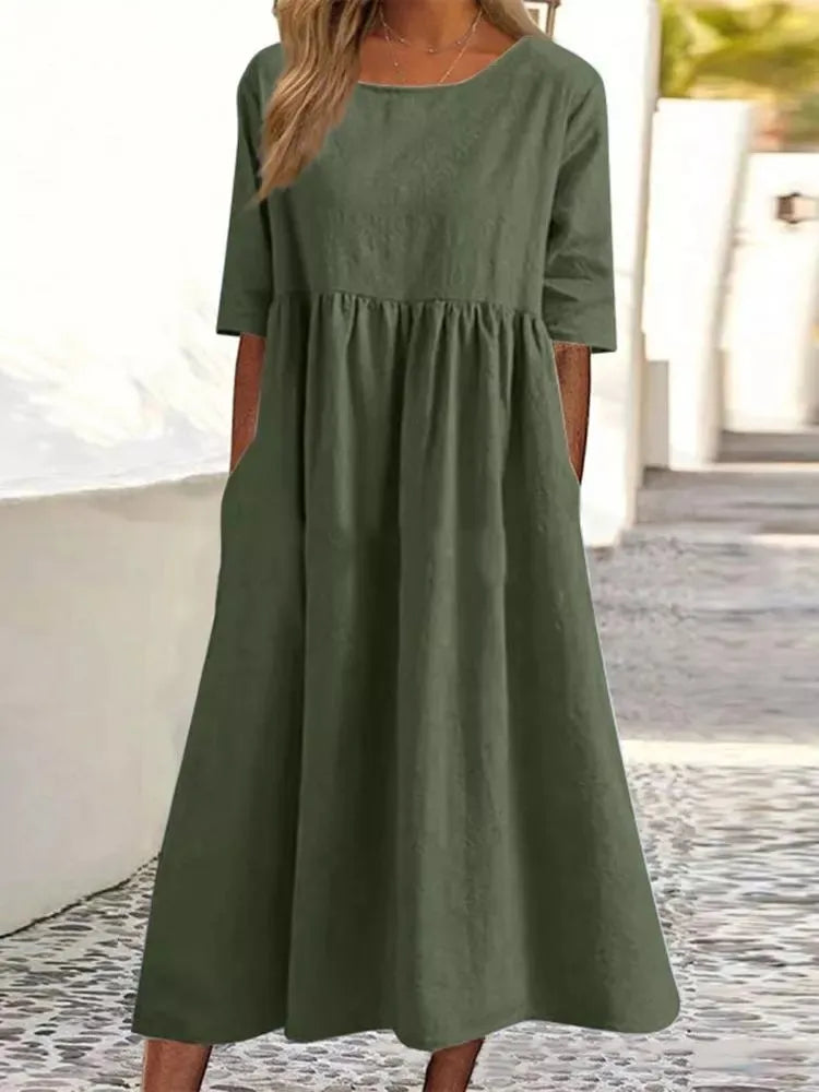 2023 Summer Cotton Women's Dress Oversize Grey O-neck Short Sleeves Dresses Female Elegant Casual Fashion Loose Ladies Clothes