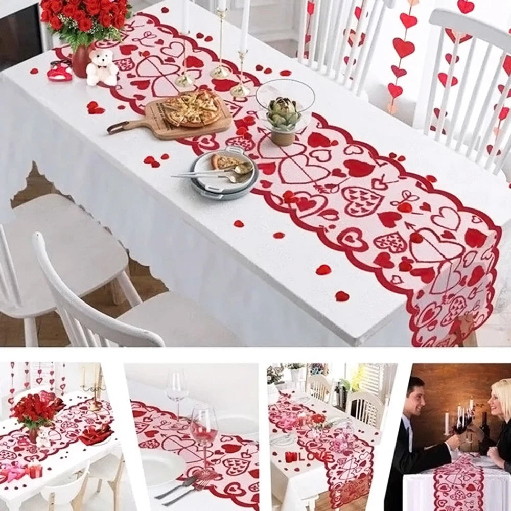 Valentine's Day Table Runner Placemats Love Heart Hollow Lace Table Runner for Wedding Valentines Party Decorations Supplies