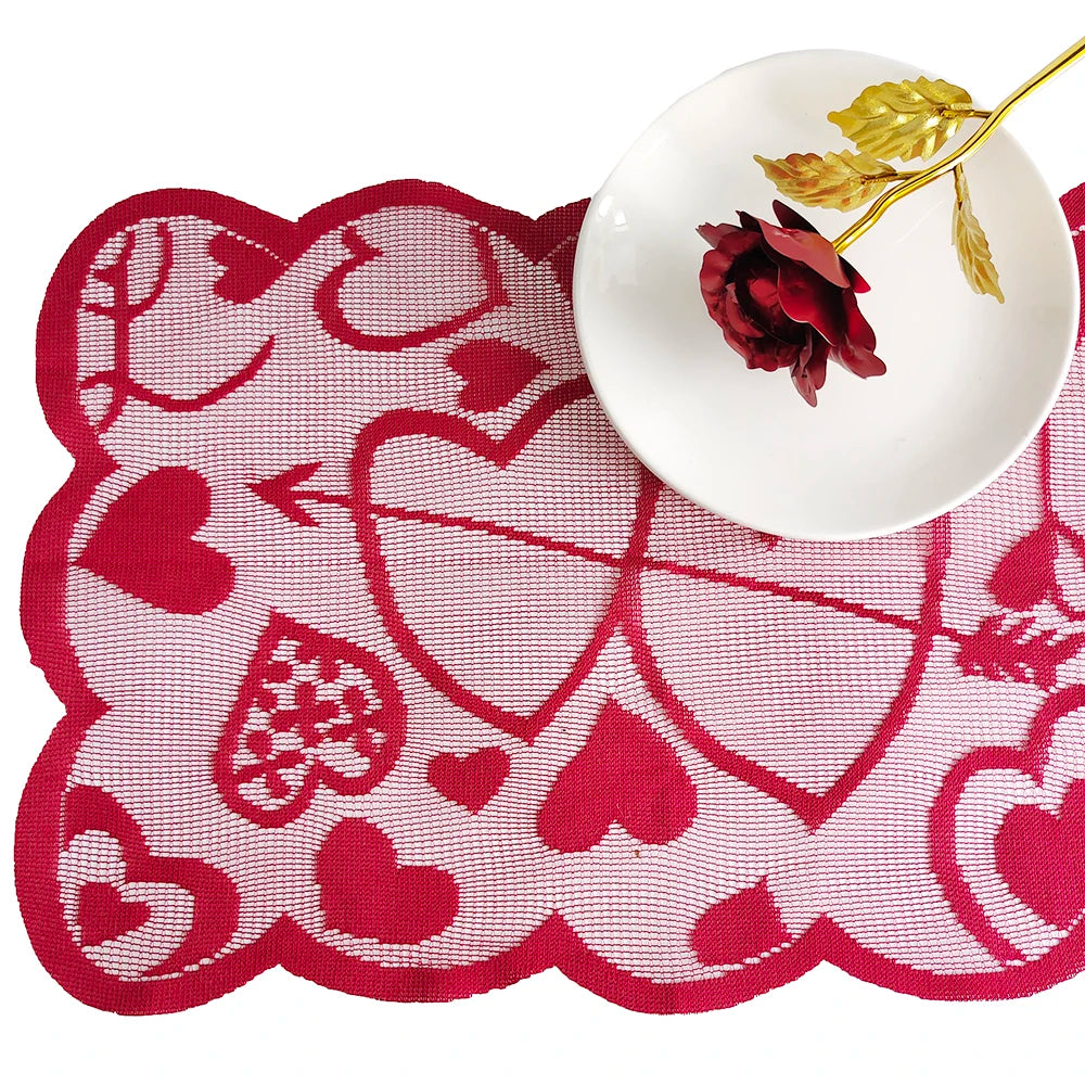 Valentine's Day Table Runner Placemats Love Heart Hollow Lace Table Runner for Wedding Valentines Party Decorations Supplies