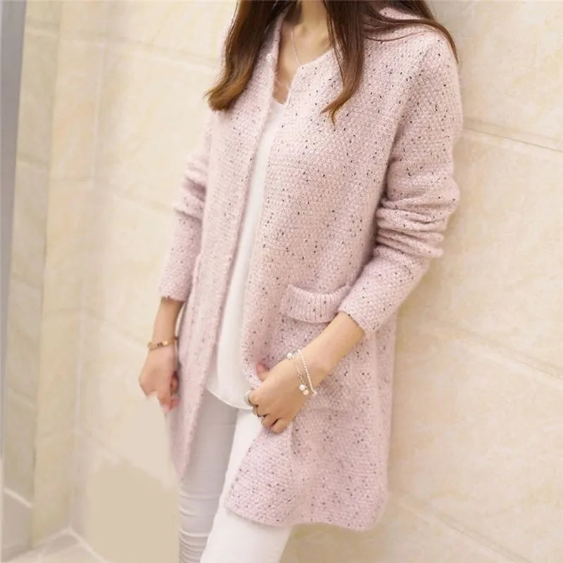 2022 Women Mid-length Cardigan Pockets Fashion Solid Knitted Sweater Tunic Crochet Jacket Ladies Sweaters Outwear Coat Cardigan