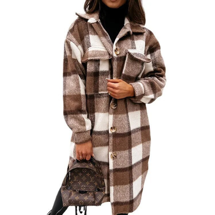 2023 Single Breasted Trench Coat Fashion Long Autumn Winter Women's Clothing Long Sleeve Woolen Plaid Overcoat Coat