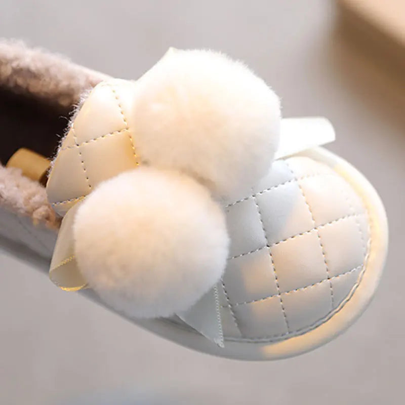 Winter Children Cotton Shoes Cute Hairball Bow Loafers Plush Warm Leather Snow Boots Flats Non-slip Casual Kids Shoes for Girls