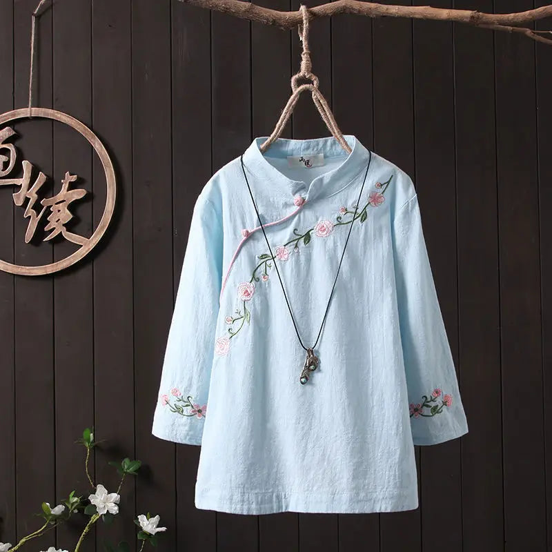 Embroidery Elegant Blouse Women 100% Cotton Shirt Tops Ladies Clothes Vntage Loose Casual