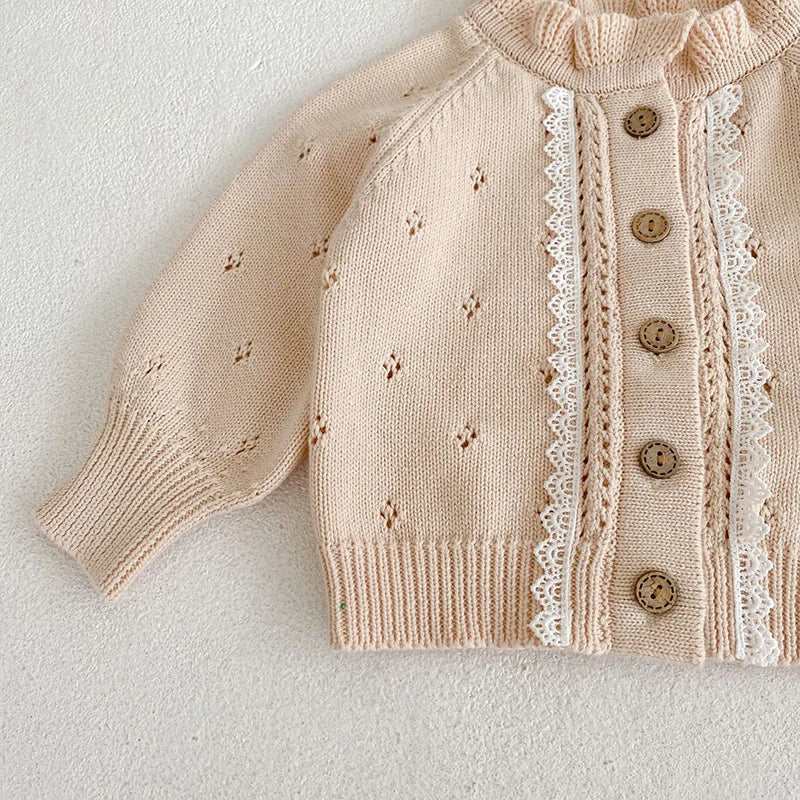 Autumn Baby Sweater Infant Girl Fungus Collar Lace Coat Cardigan Knitted Sweater Toddler Long Sleeve Tops Jacket Kids Clothing