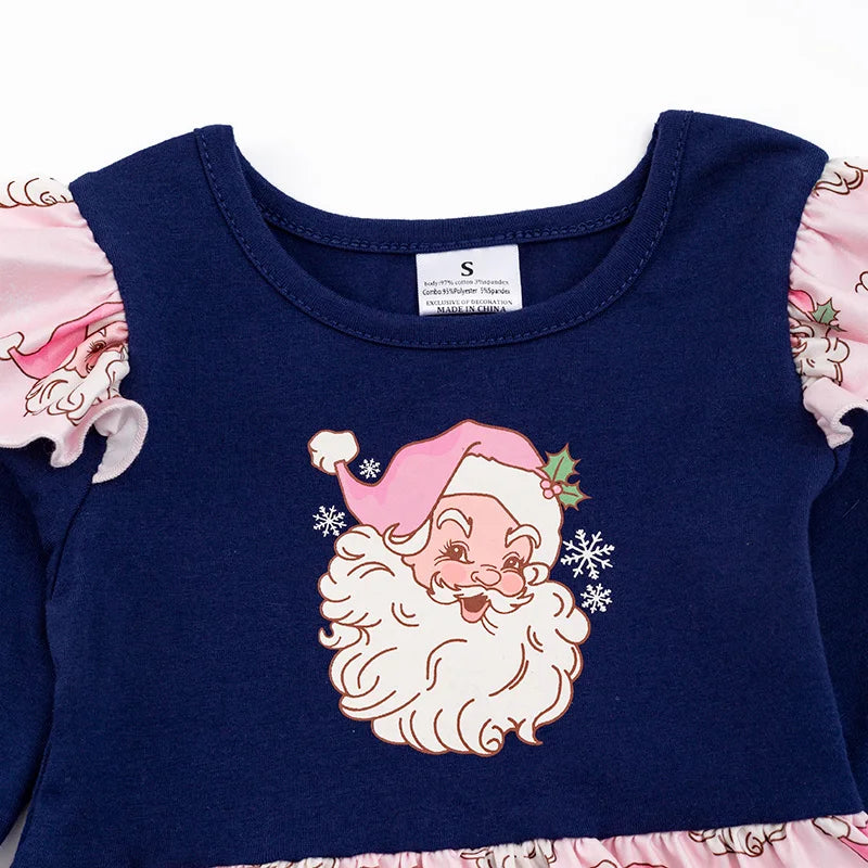 Exclusive Girlymax Winter Christmas Pink Santa Claus Print Baby Girls Kids Children Clothes Twirl Knee Length Long Sleeve Dress