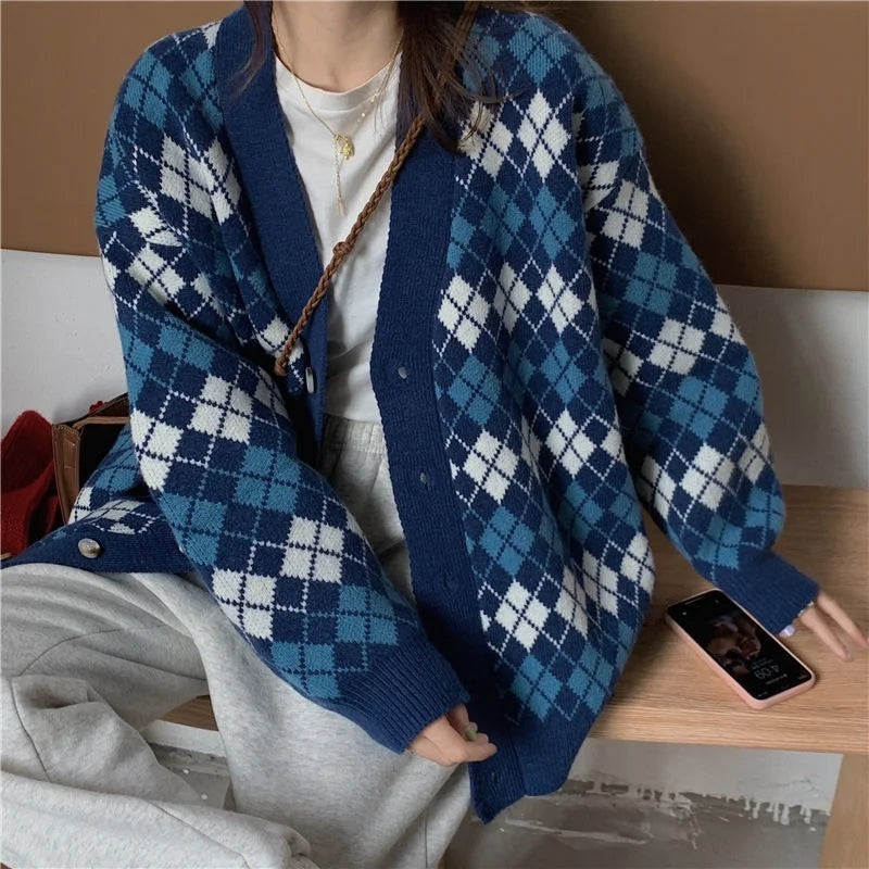 Ladies Cardigans Long Sleeve Knitted Argyle Sweater Women Korean Pink Vest Sweaters Female Jumpers Cardigan Jacket with Buttons