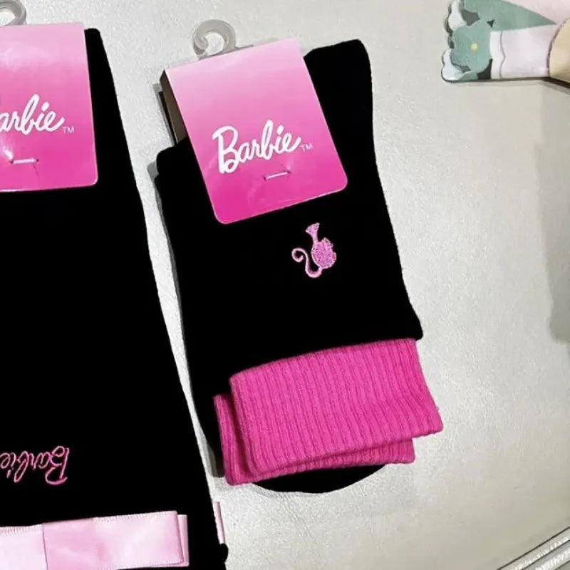 New Girls' Series Pink Barbie Embroidery Black and White Cute Mid Tube Socks Women's Versatile Barbie Socks