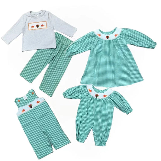 Girlymax Thanksgiving Baby Girls Boys Turkey Pumpkin Mint Plaid Romper Toddler Pants Set Dress Woven Smocked Kids Clothing