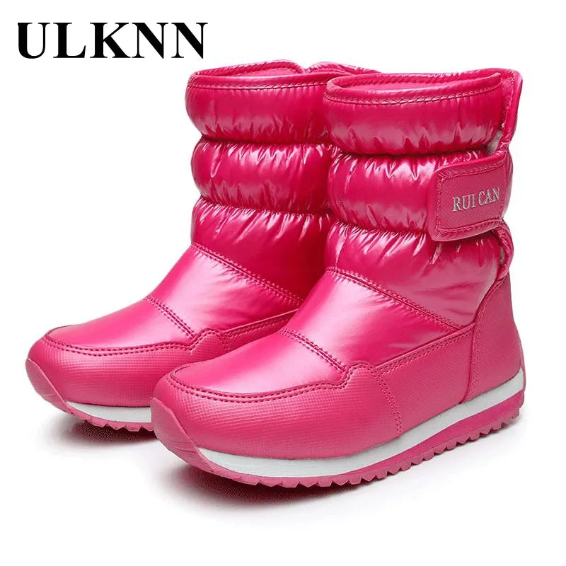 ULKNN Kids Shoes Winter Boots For Boy Waterproof Pu Upper Baby Girls Child Plus Velvet Thickened Footwear Non-Slip Warm